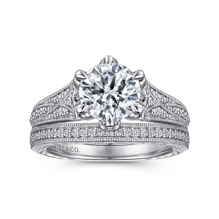 Elanie - Vintage Inspired 14K White Gold Round Diamond Engagement Ring - 0.3 ct - Shot 4