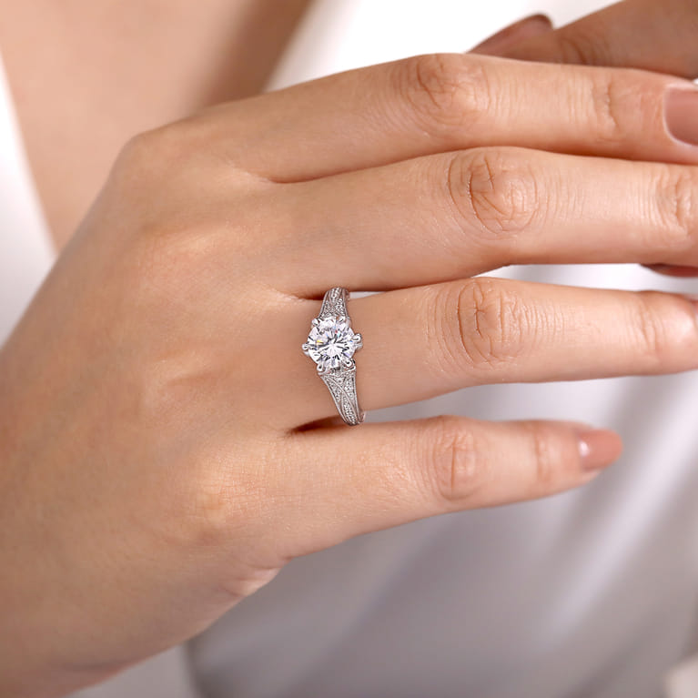 Elanie - Vintage Inspired 14K White Gold Round Diamond Engagement Ring - 0.3 ct - Shot 6