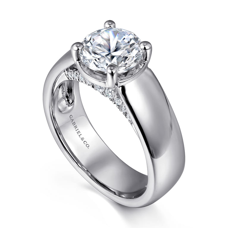 Elza - 14K White Gold Bezel Prong Wide Band Round Diamond Engagement Ring - 0.08 ct - Shot 3
