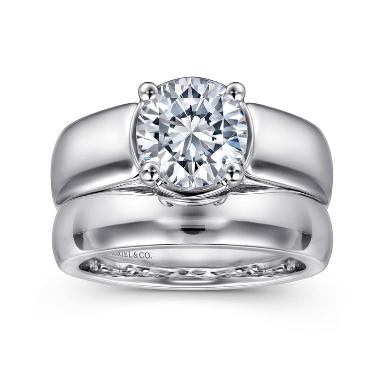 Elza - 14K White Gold Bezel Prong Wide Band Round Diamond Engagement Ring - 0.08 ct - Shot 4
