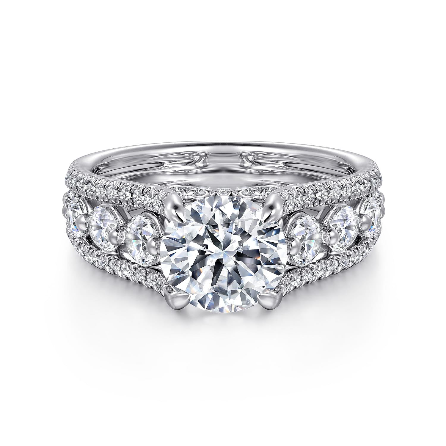 Elisse - 14K White Gold Wide Band Round Diamond Engagement Ring - 1.05 ct - Shot 1