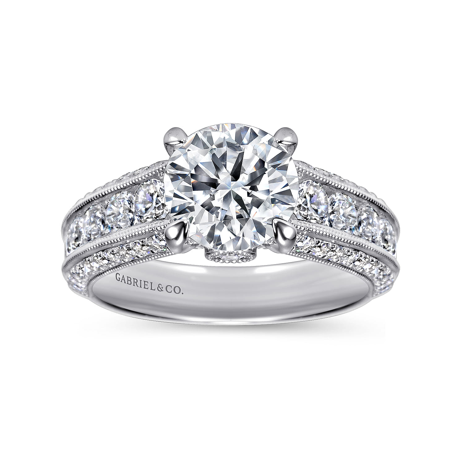 Rebecca - Vintage Inspired 14K White Gold Round Wide Band Diamond Channel Set Engagement Ring - 1.29 ct - Shot 5