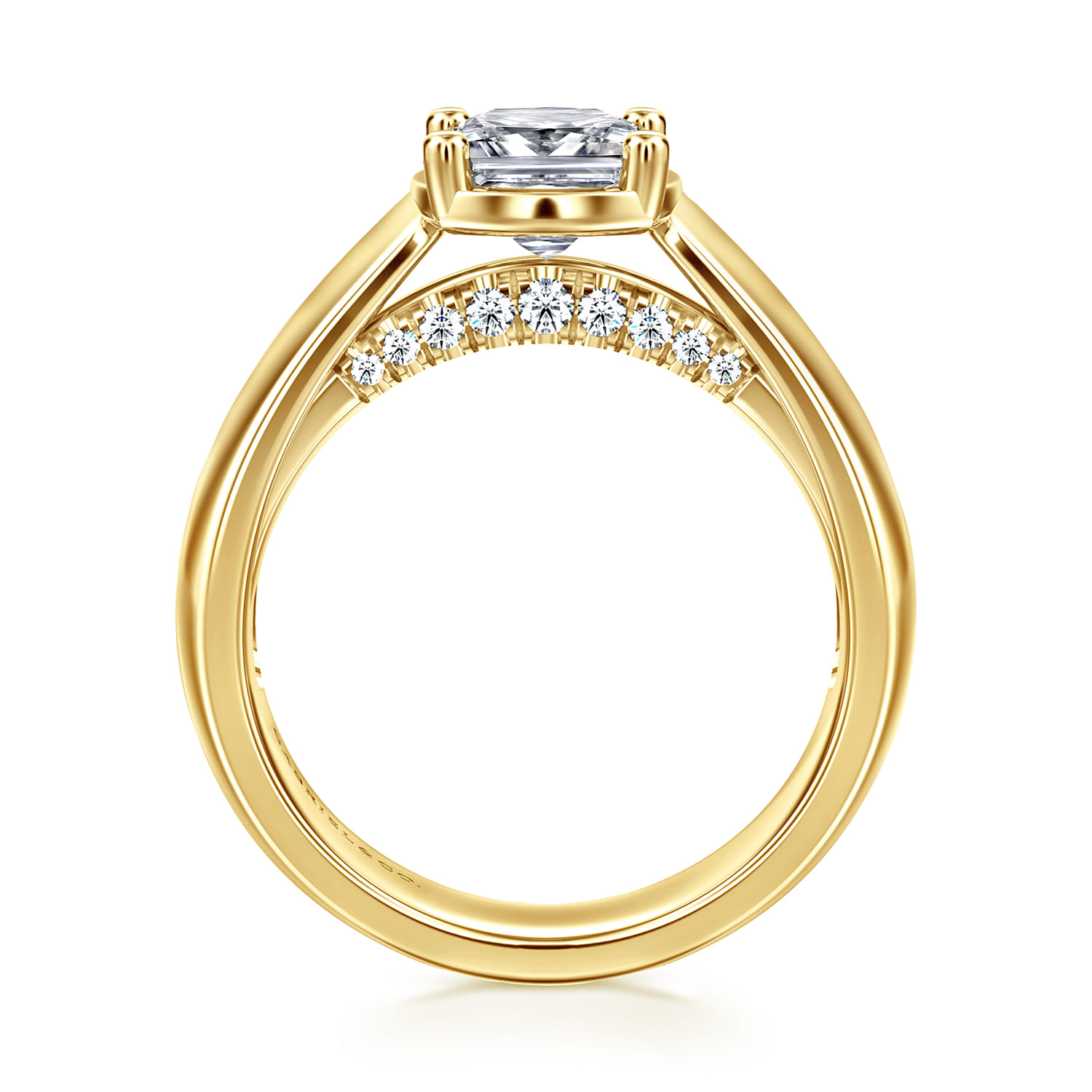 Elza - 14K Yellow Gold Wide Band Elongated Cushion Bezel Prong Diamond Engagement Ring - 0.14 ct - Shot 2