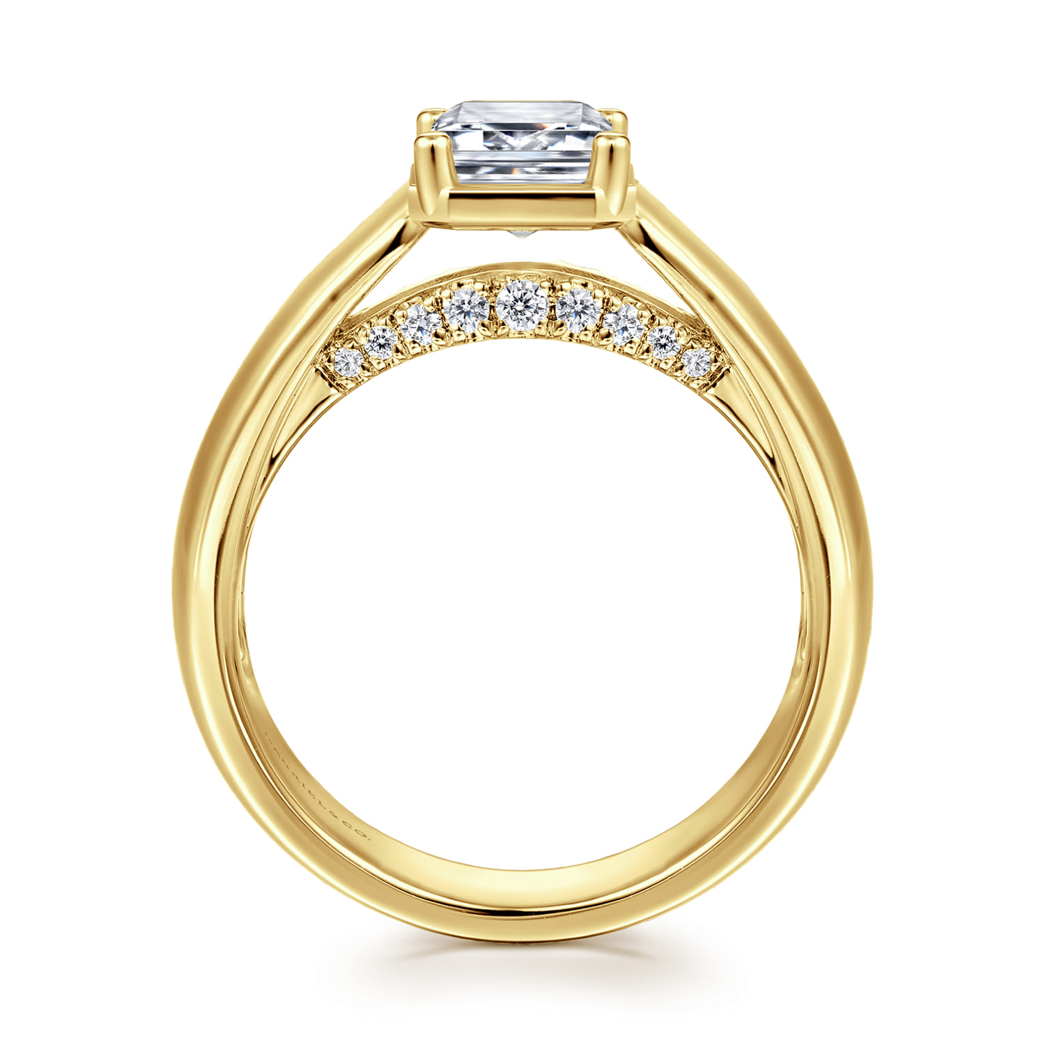 Elza - 14K Yellow Gold Bezel Prong Wide Band Emerald Diamond Engagement Ring - 0.14 ct - Shot 2