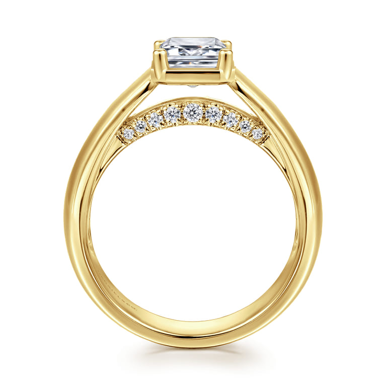 Elza - 14K Yellow Gold Bezel Prong Wide Band Emerald Diamond Engagement Ring - 0.14 ct - Shot 2
