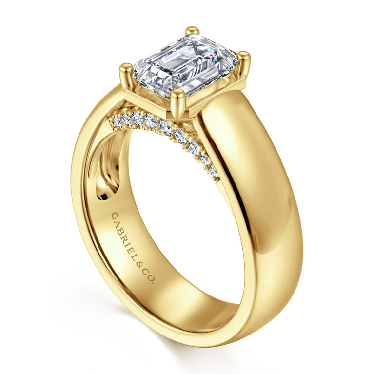 Elza - 14K Yellow Gold Bezel Prong Wide Band Emerald Diamond Engagement Ring - 0.14 ct - Shot 3