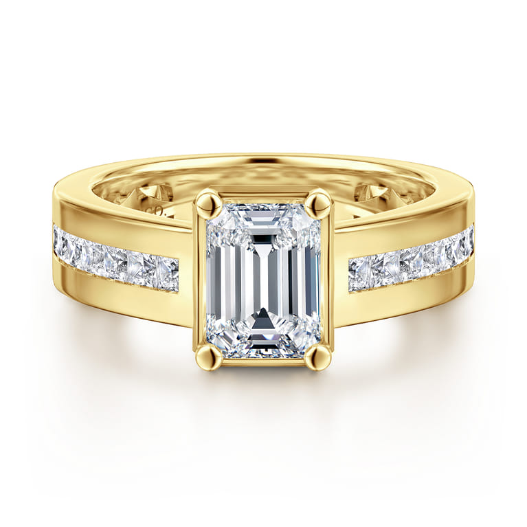 Dennise - 14K Yellow Gold Wide Band Emerald Cut Diamond Engagement Ring - 0.5 ct - Shot 1
