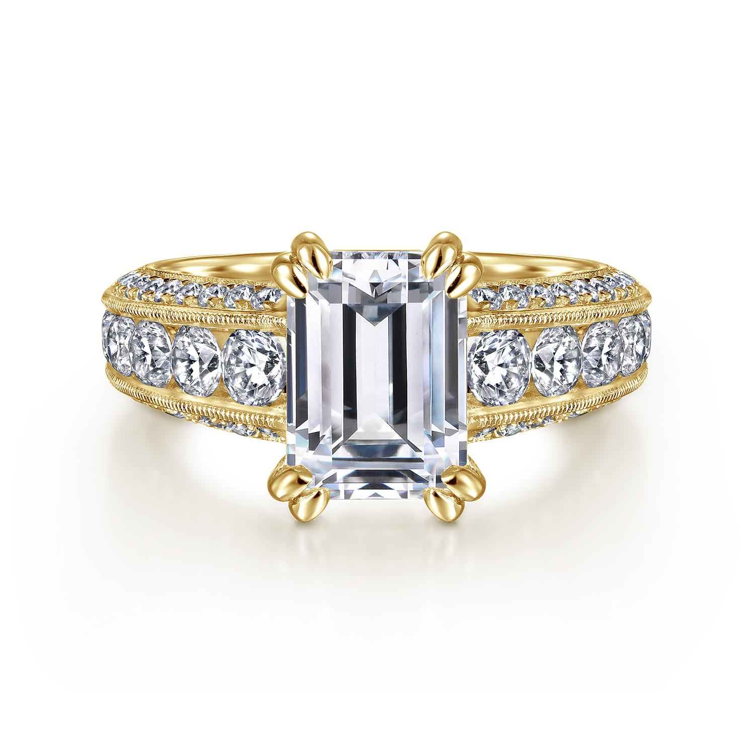 Rebecca - Vintage Inspired 14K Yellow Gold Wide Band Emerald Cut Diamond Channel Set Engagement Ring - 1.28 ct - Shot 1