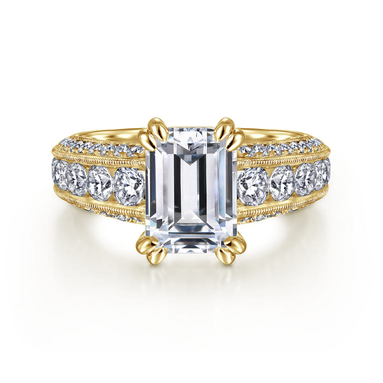Rebecca - Vintage Inspired 14K Yellow Gold Wide Band Emerald Cut Diamond Channel Set Engagement Ring - 1.28 ct - Shot 1