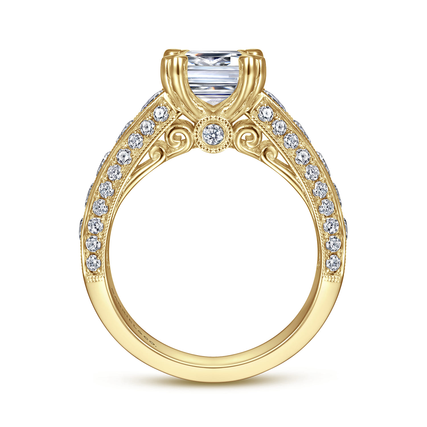 Rebecca - Vintage Inspired 14K Yellow Gold Wide Band Emerald Cut Diamond Channel Set Engagement Ring - 1.28 ct - Shot 2