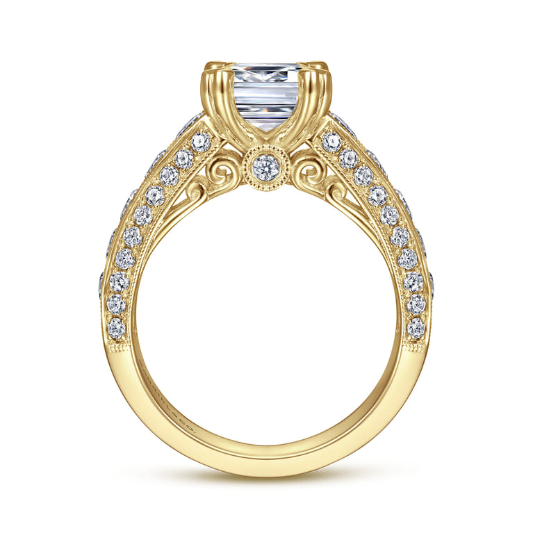 Rebecca - Vintage Inspired 14K Yellow Gold Wide Band Emerald Cut Diamond Channel Set Engagement Ring - 1.28 ct - Shot 2
