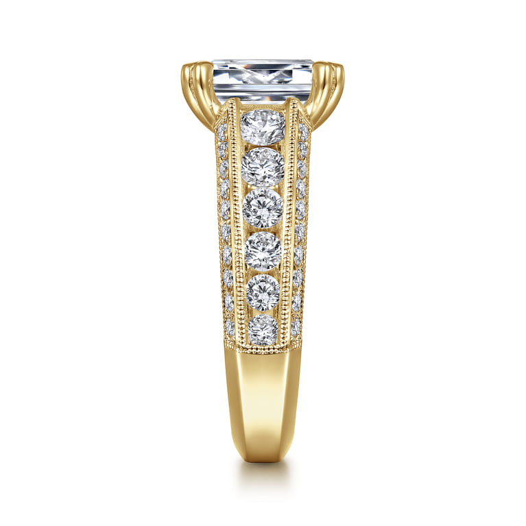 Rebecca - Vintage Inspired 14K Yellow Gold Wide Band Emerald Cut Diamond Channel Set Engagement Ring - 1.28 ct - Shot 5