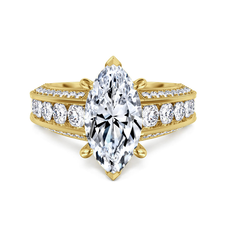 Rebecca - Vintage Inspired 14K Yellow Gold Wide Band Marquise Shape Diamond Channel Set Engagement Ring - 1.28 ct - Shot 1