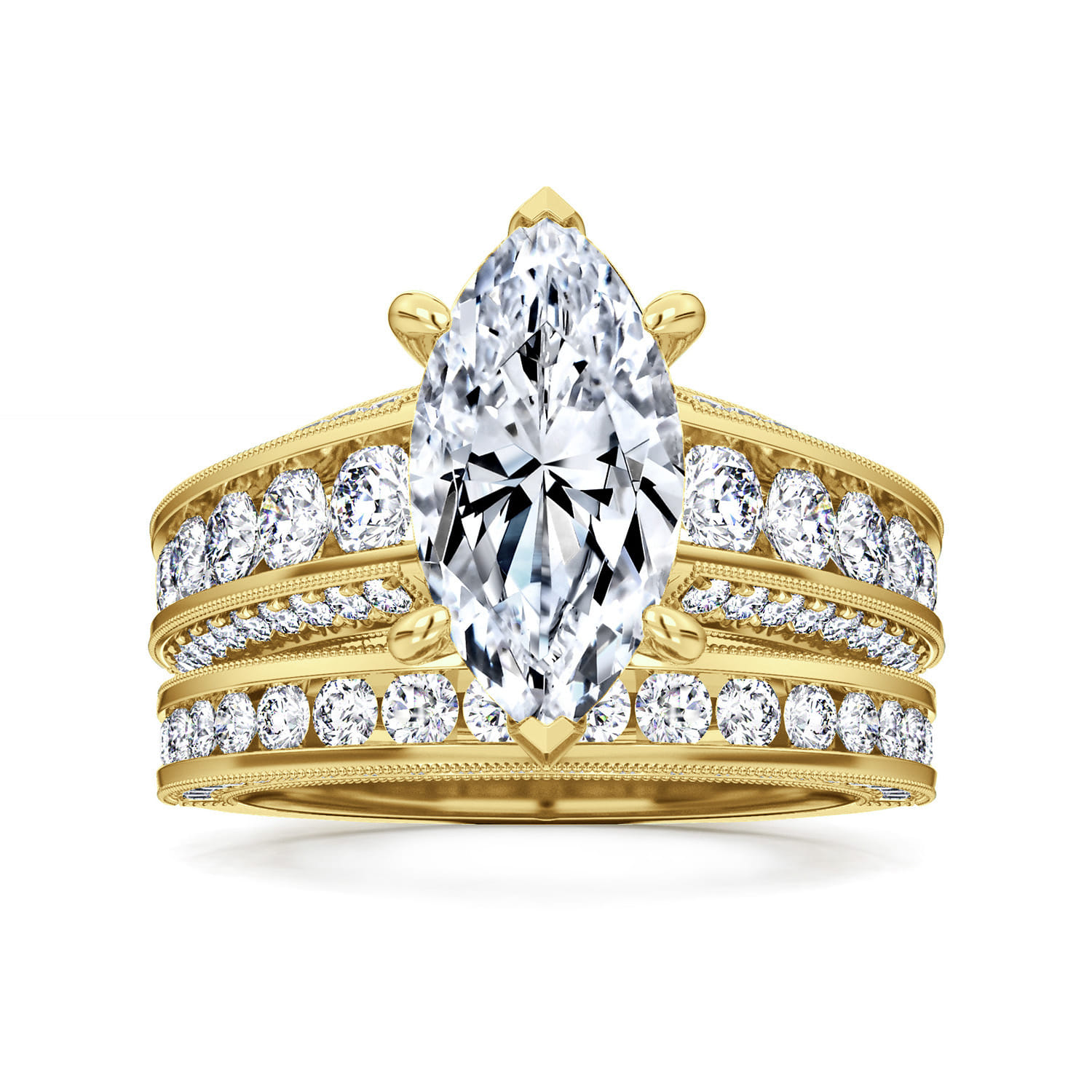 Rebecca - Vintage Inspired 14K Yellow Gold Wide Band Marquise Shape Diamond Channel Set Engagement Ring - 1.28 ct - Shot 4