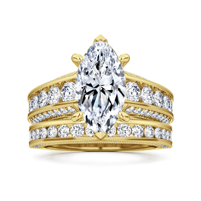 Rebecca - Vintage Inspired 14K Yellow Gold Wide Band Marquise Shape Diamond Channel Set Engagement Ring - 1.28 ct - Shot 4