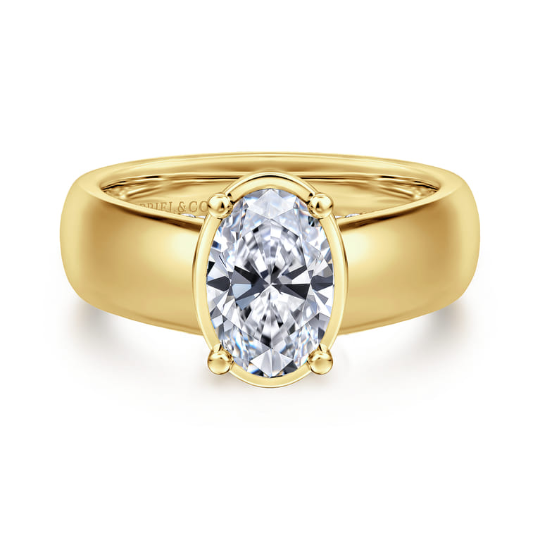 Elza - 14K Yellow Gold Bezel Prong Wide Band Oval Diamond Engagement Ring - 0.14 ct - Shot 1