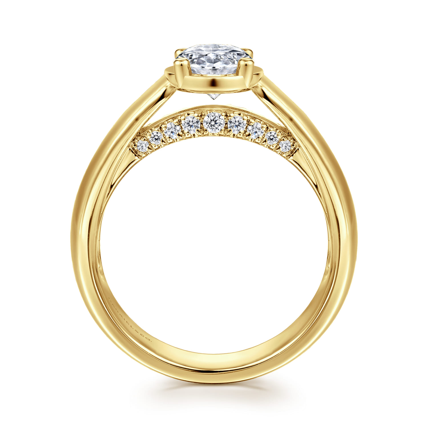 Elza - 14K Yellow Gold Bezel Prong Wide Band Oval Diamond Engagement Ring - 0.14 ct - Shot 2