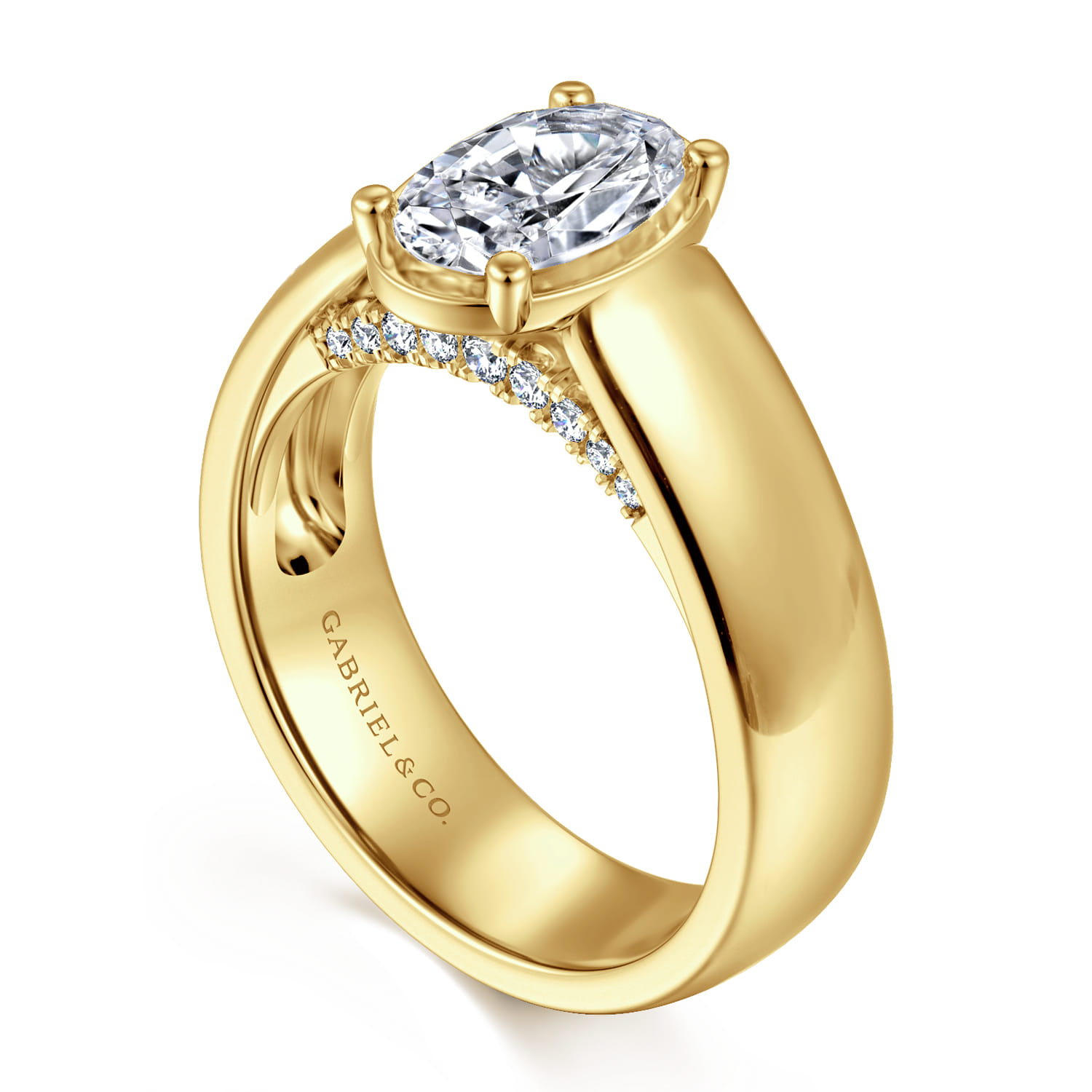 Elza - 14K Yellow Gold Bezel Prong Wide Band Oval Diamond Engagement Ring - 0.14 ct - Shot 3