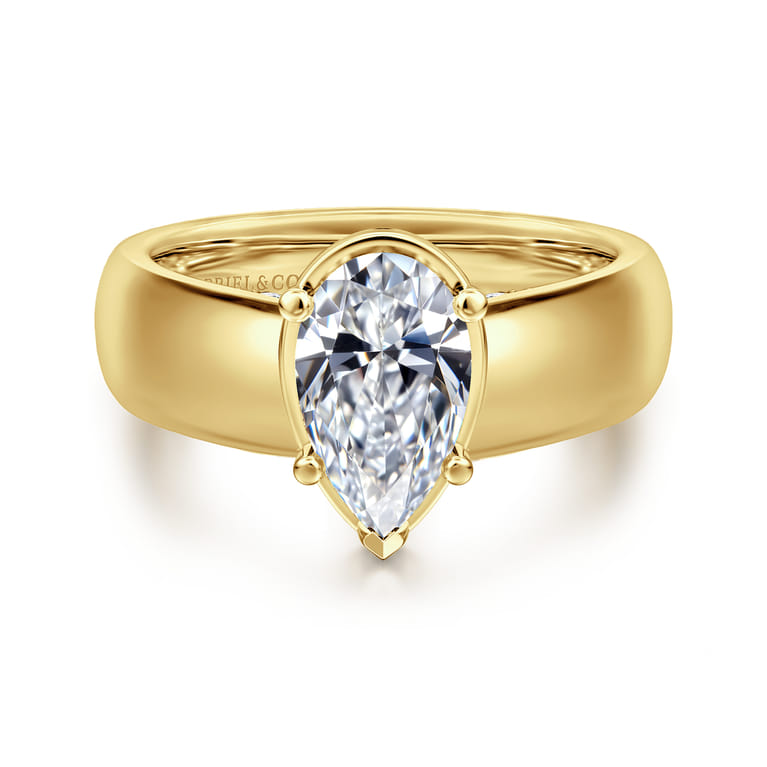 Elza - 14K Yellow Gold Bezel Prong Wide Band Pear Diamond Engagement Ring - 0.14 ct - Shot 1