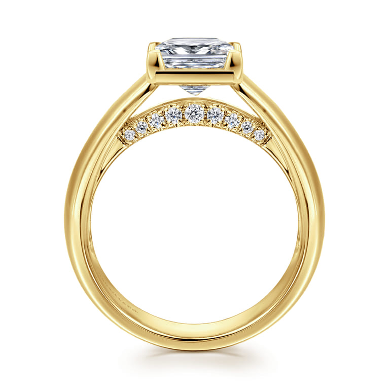 Elza - 14K Yellow Gold Bezel Prong Wide Band Princess Cut Diamond Engagement Ring - 0.14 ct - Shot 2