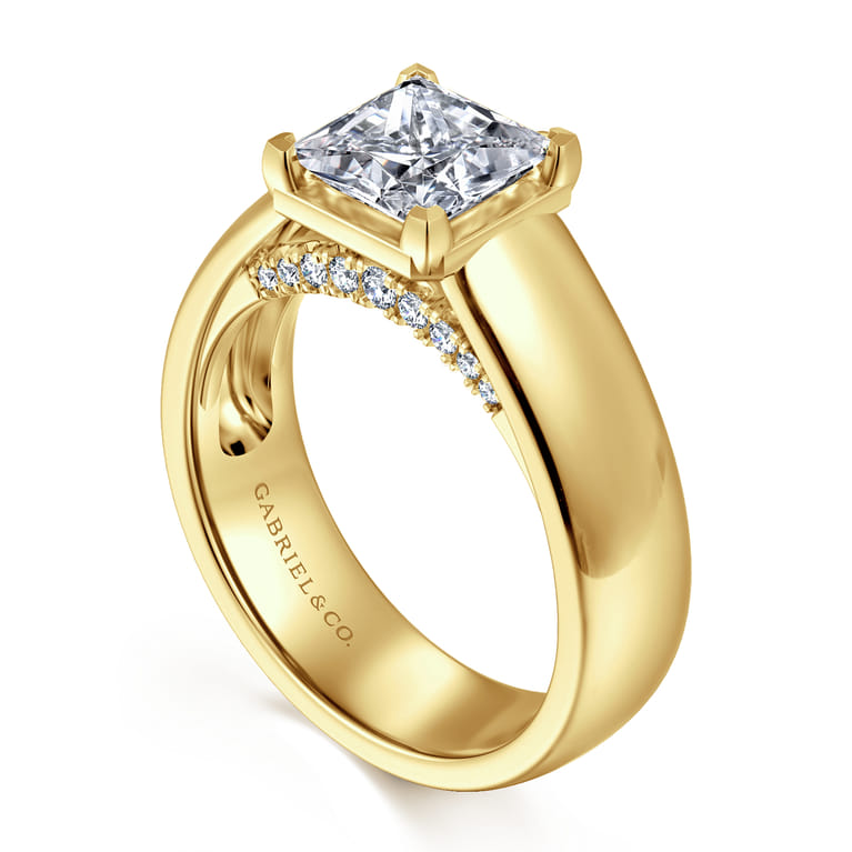Elza - 14K Yellow Gold Bezel Prong Wide Band Princess Cut Diamond Engagement Ring - 0.14 ct - Shot 3