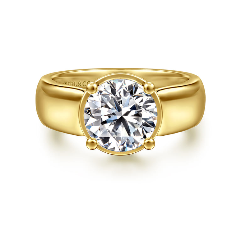 Elza - 14K Yellow Gold Bezel Prong Wide Band Round Diamond Engagement Ring - 0.12 ct - Shot 1