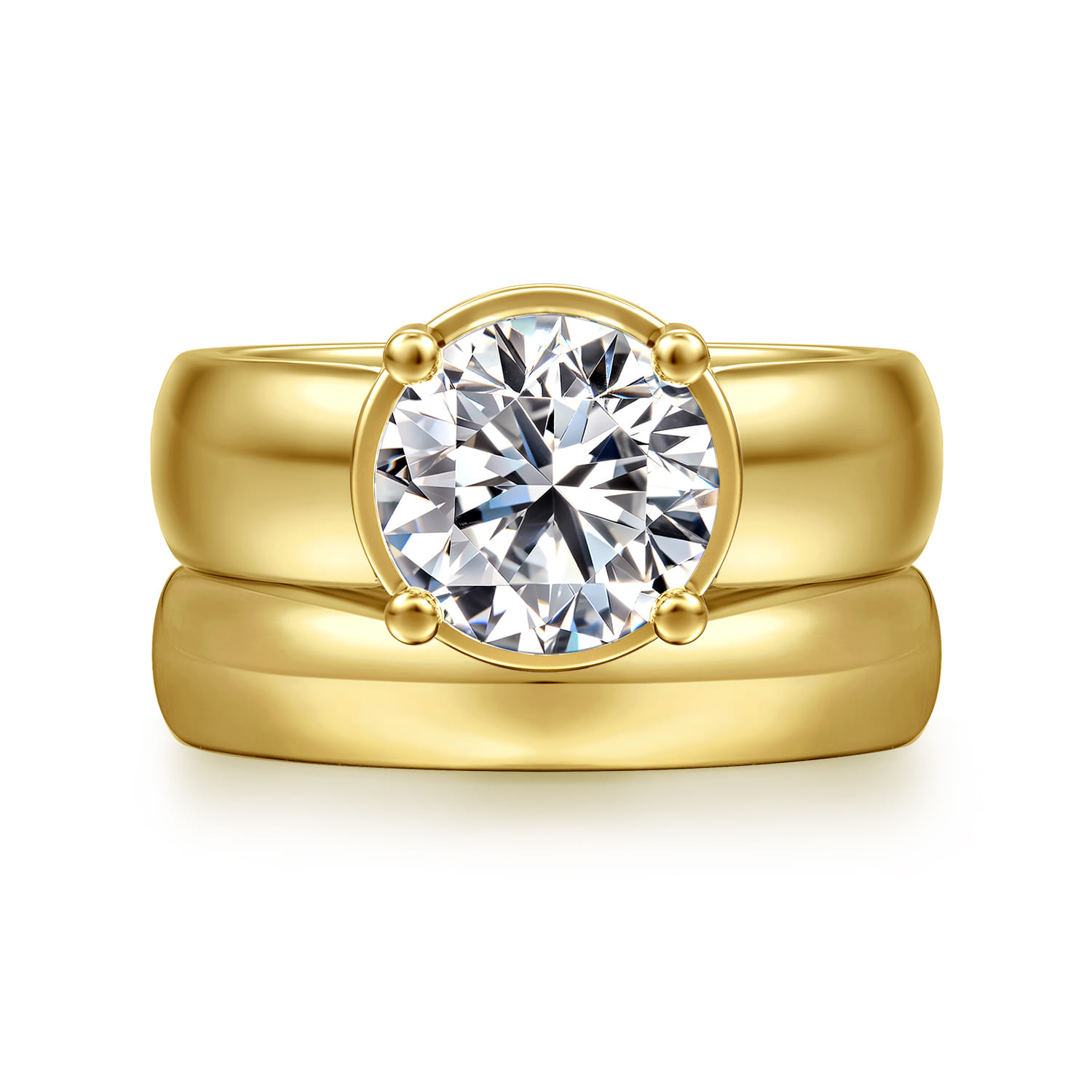 Elza - 14K Yellow Gold Bezel Prong Wide Band Round Diamond Engagement Ring - 0.12 ct - Shot 4