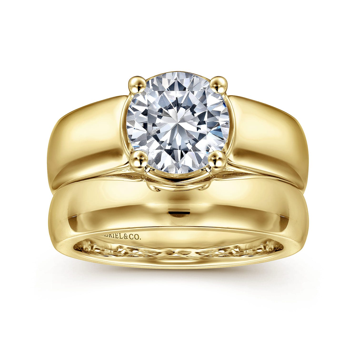 Elza - 14K Yellow Gold Bezel Prong Wide Band Round Diamond Engagement Ring - 0.08 ct - Shot 4
