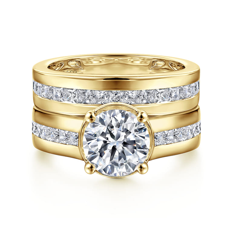 Dennise - 14K Yellow Gold Bezel Prong Wide Band Round Diamond Engagement Ring - 0.5 ct - Shot 4