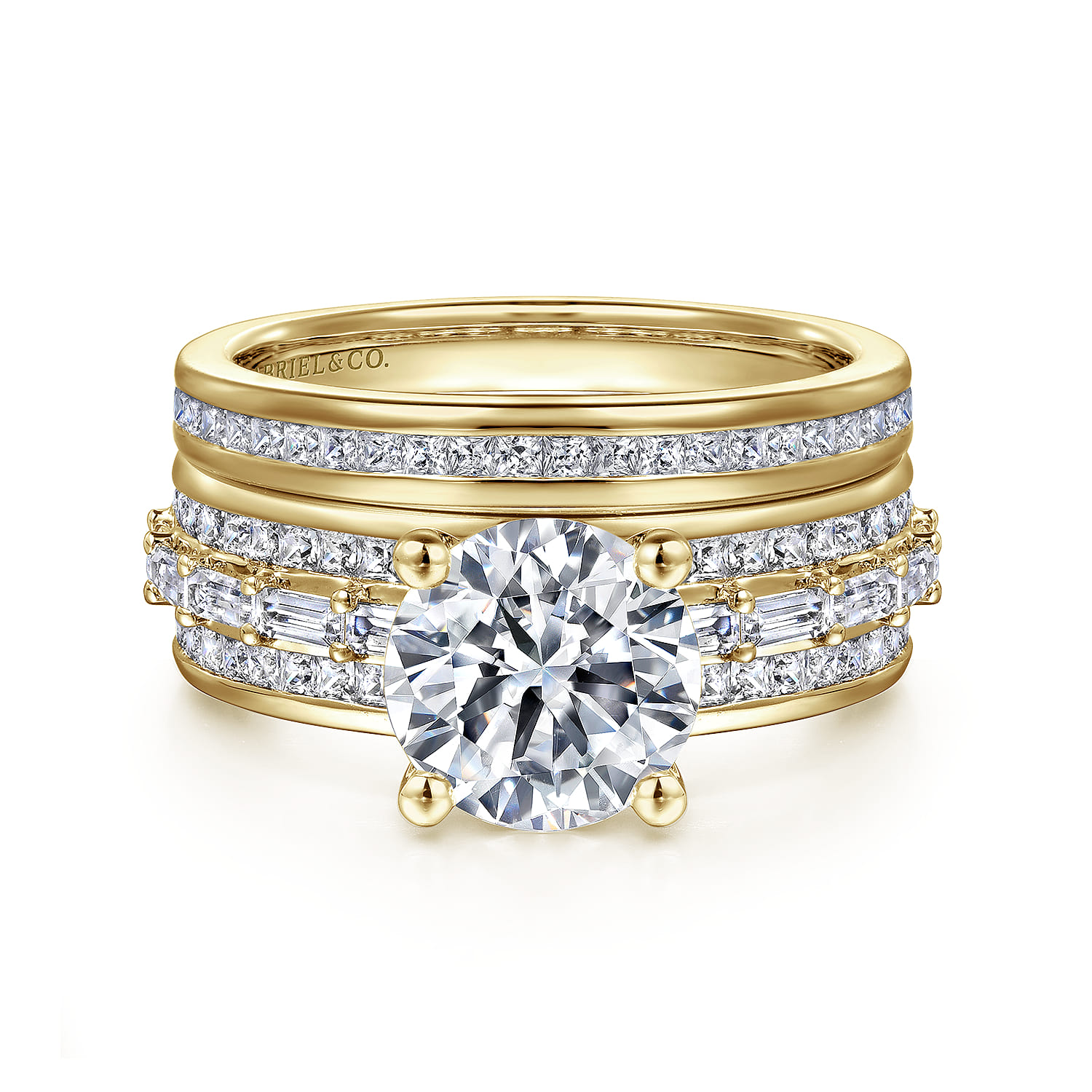 Eedie - 14K Yellow Gold Round Wide Band Diamond Engagement Ring - 1.5 ct - Shot 4