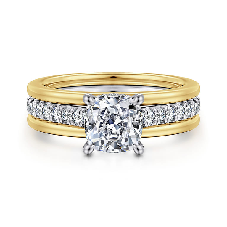 Feah - 14K Yellow-White Gold Wide Band Cushion Cut Diamond Engagement Ring - 0.4 ct - Shot 1