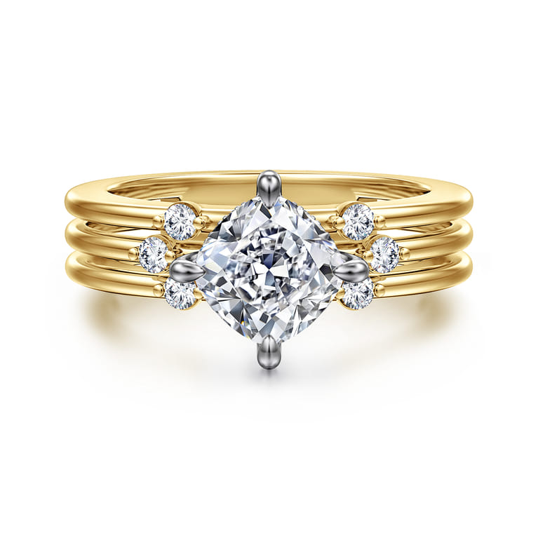 Editta - 14K White-Yellow Gold Compass Prong Cushion Cut Diamond Engagement Ring - 0.21 ct - Shot 1