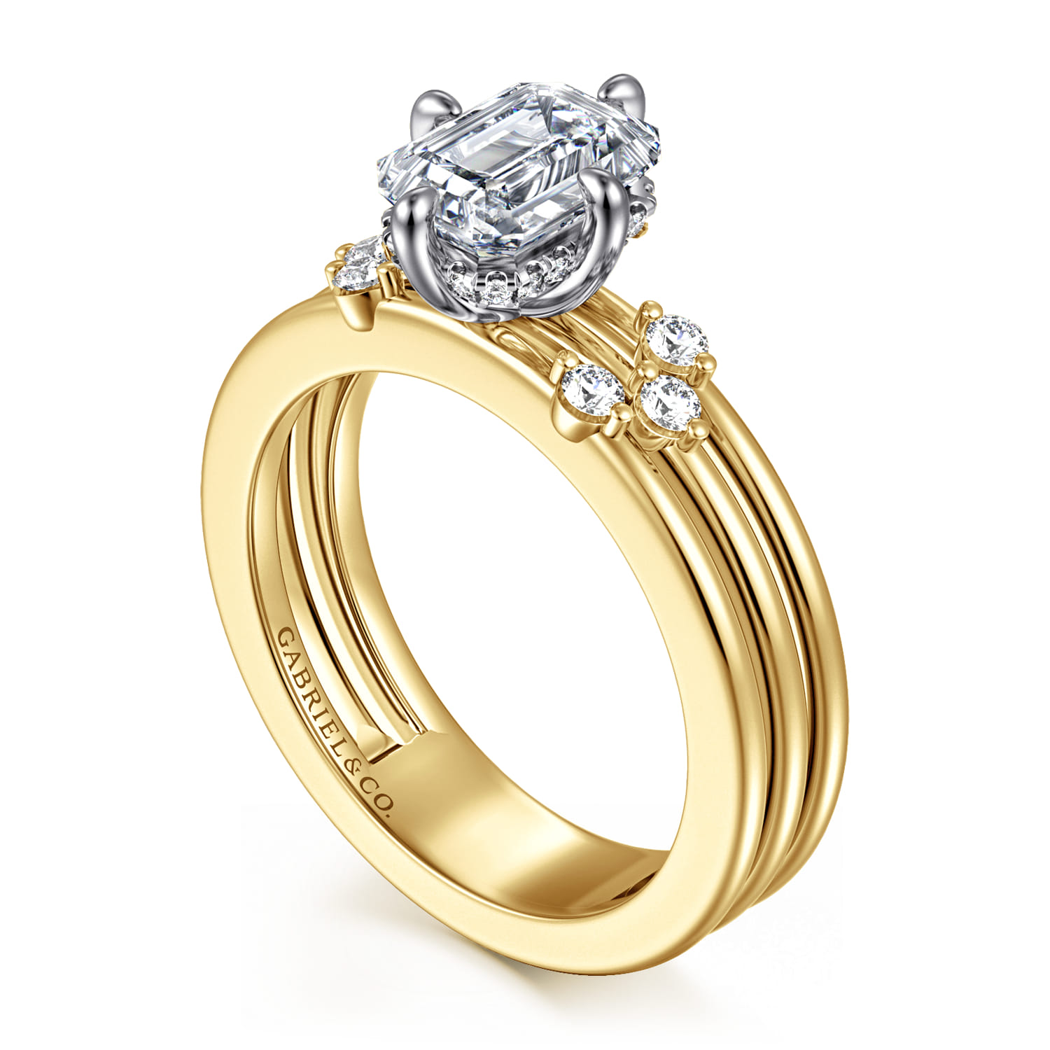 Editta - 14K White-Yellow Gold Compass Prong Emerald Cut Diamond Engagement Ring - 0.21 ct - Shot 3