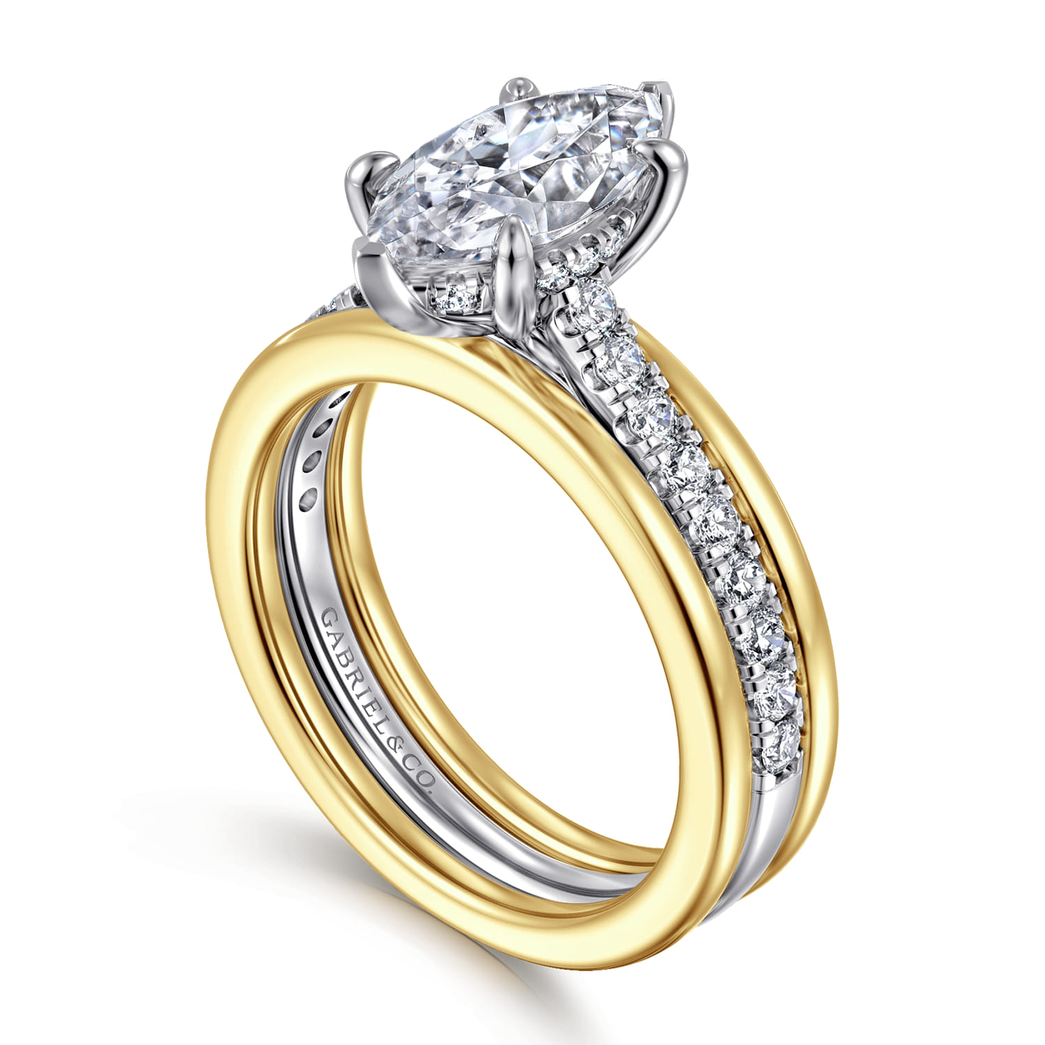 Feah - 14K Yellow-White Gold Wide Band Marquise Shape Diamond Engagement Ring - 0.4 ct - Shot 3