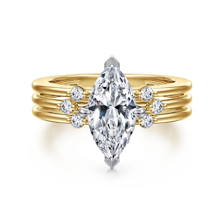 Editta - 14K White-Yellow Gold Compass Prong Marquise Shape Diamond Engagement Ring - 0.21 ct - Shot 1