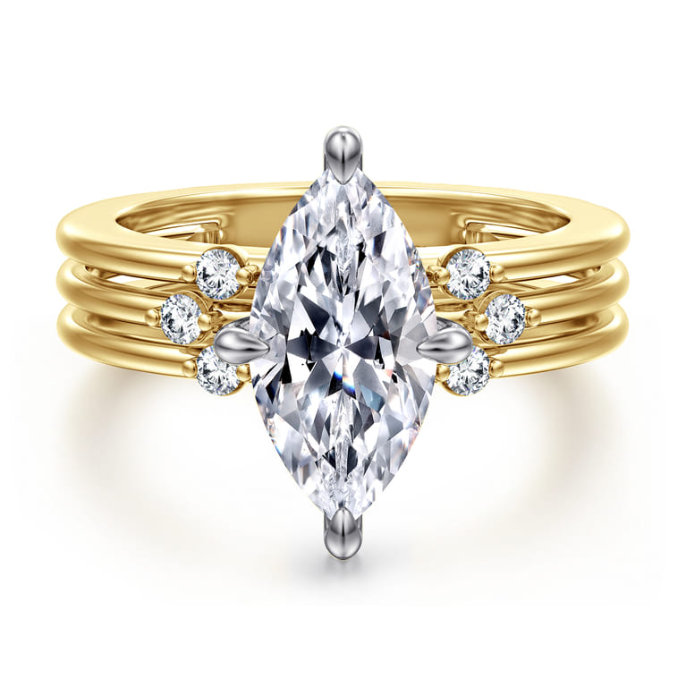 Editta - 14K White-Yellow Gold Compass Prong Marquise Diamond Engagement Ring - 0.23 ct - Shot 1