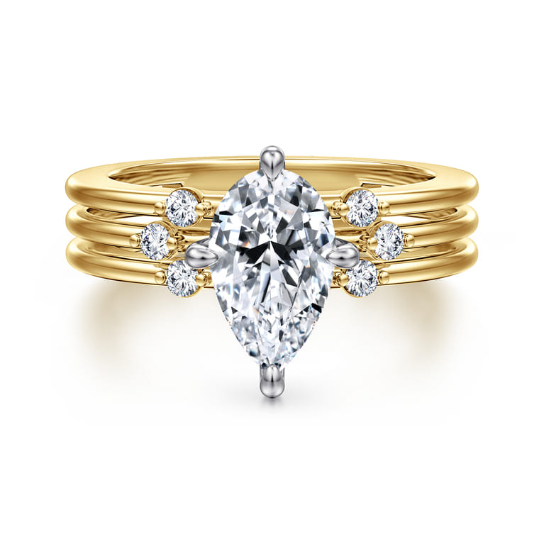 Editta - 14K White-Yellow Gold Compass Prong Pear Shape Diamond Engagement Ring - 0.2 ct - Shot 1