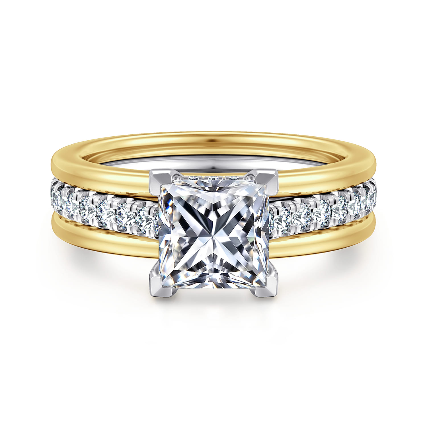 Feah - 14K Yellow-White Gold Wide Band Princess Cut Diamond Engagement Ring - 0.4 ct - Shot 1