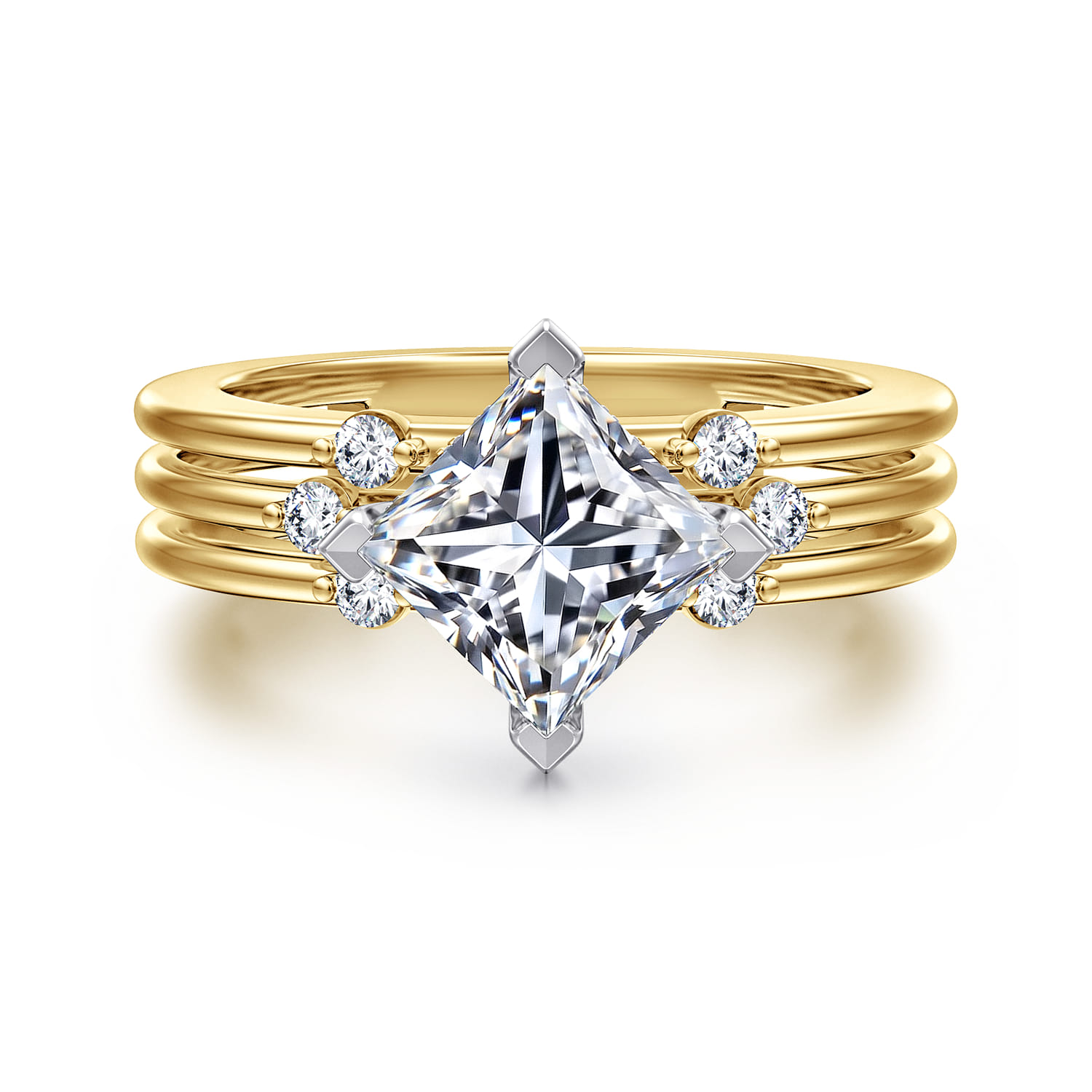 Editta - 14K White-Yellow Gold Compass Prong Emerald Cut Diamond Engagement Ring - 0.21 ct - Shot 1