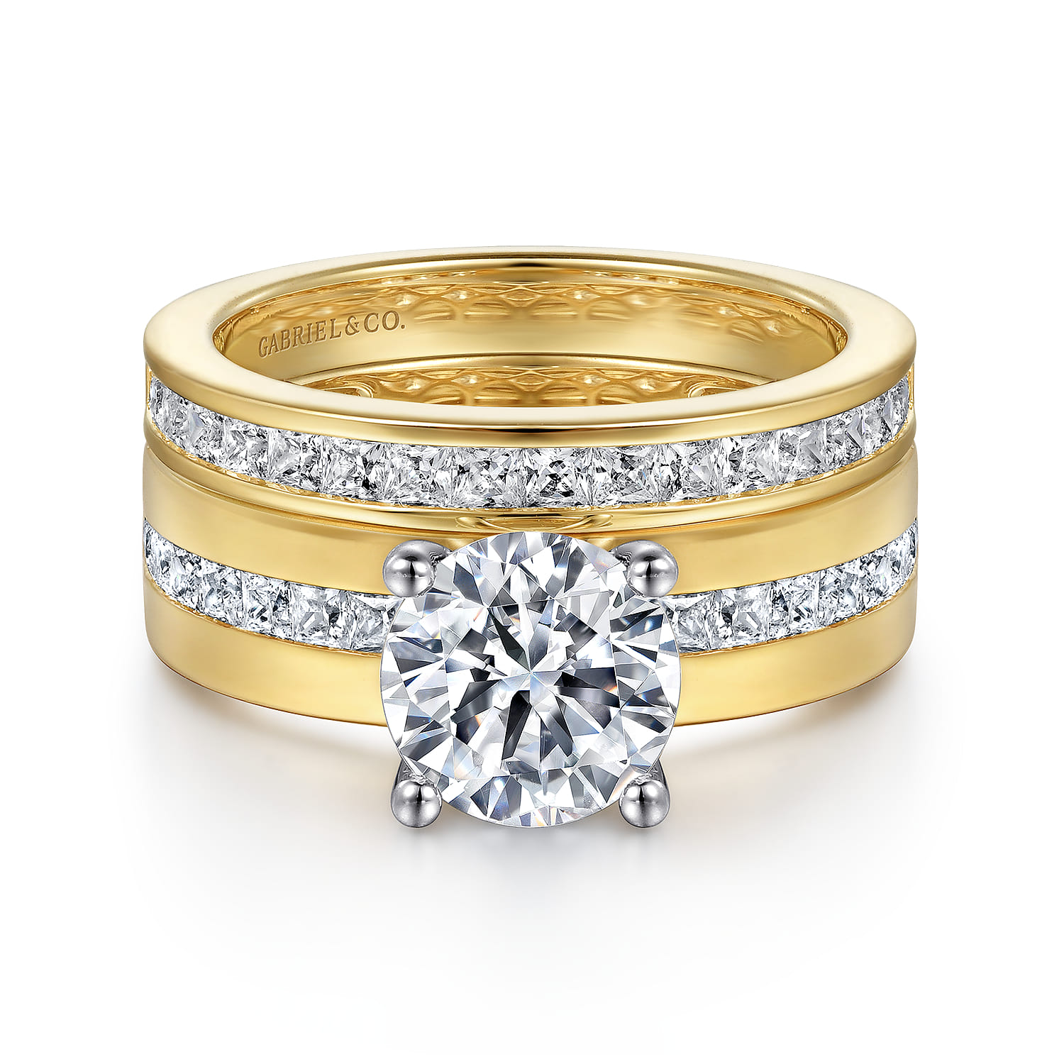 Adley - 14K Yellow-White Gold Wide Band Round Diamond Engagement Ring - 0.6 ct - Shot 4