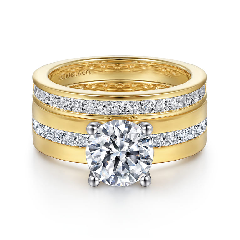Adley - 14K Yellow-White Gold Wide Band Round Diamond Engagement Ring - 0.6 ct - Shot 4