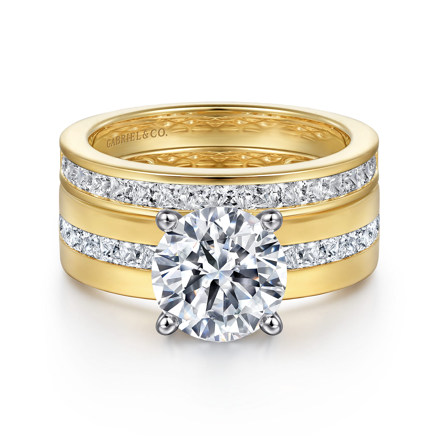 Adley - 14K Yellow-White Gold Wide Band Round Diamond Engagement Ring - 0.6 ct - Shot 4