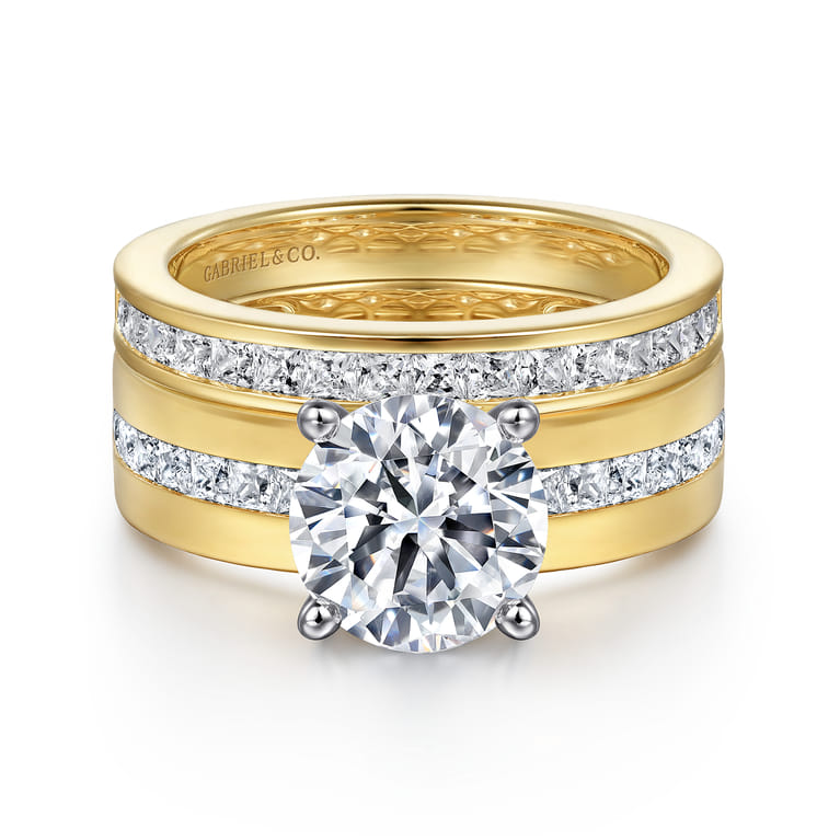 Adley - 14K Yellow-White Gold Wide Band Round Diamond Engagement Ring - 0.6 ct - Shot 4