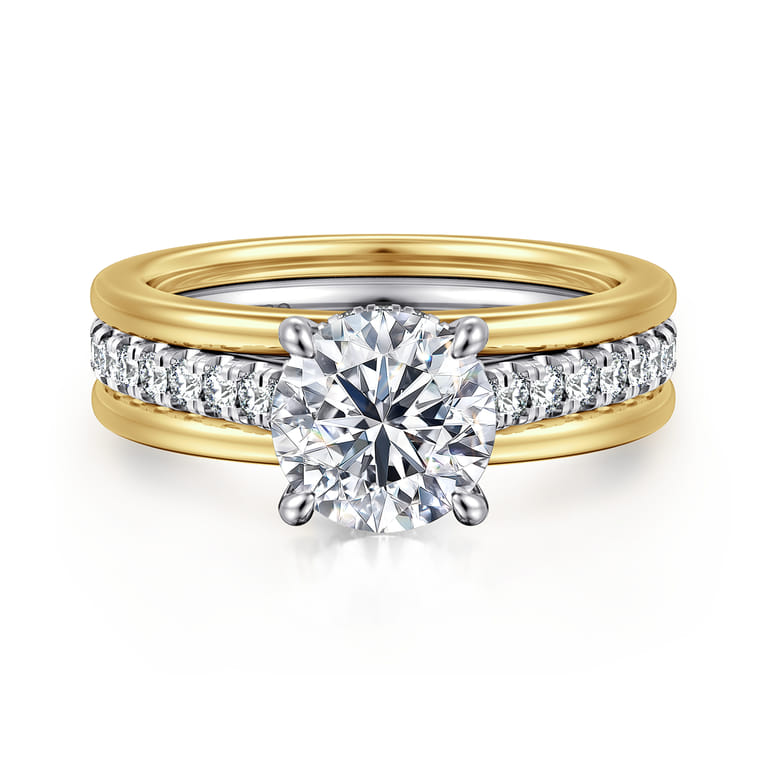 Feah - 14K Yellow-White Gold Wide Band Round Diamond Engagement Ring - 0.4 ct - Shot 1