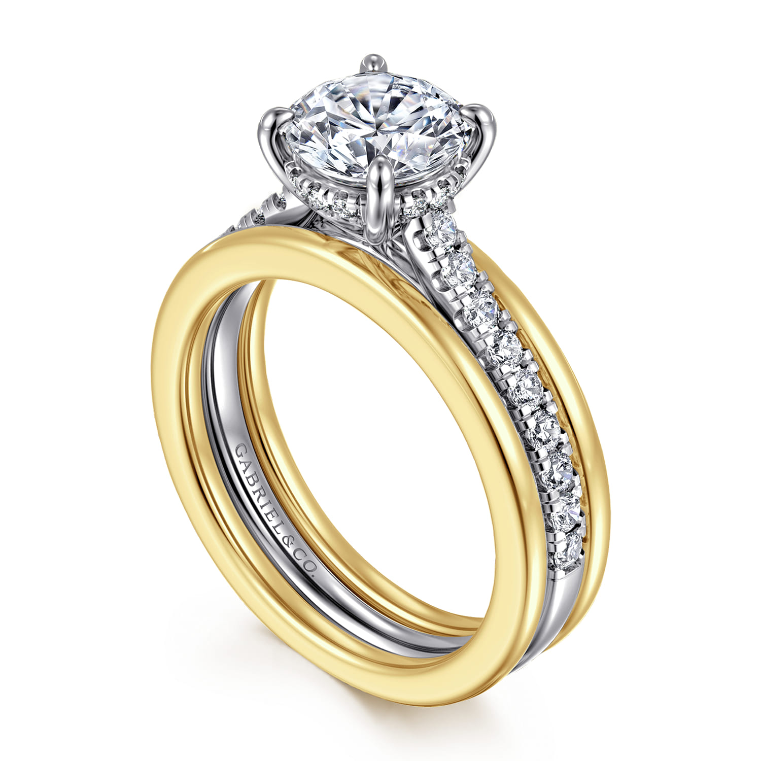 Feah - 14K Yellow-White Gold Wide Band Round Diamond Engagement Ring - 0.4 ct - Shot 3