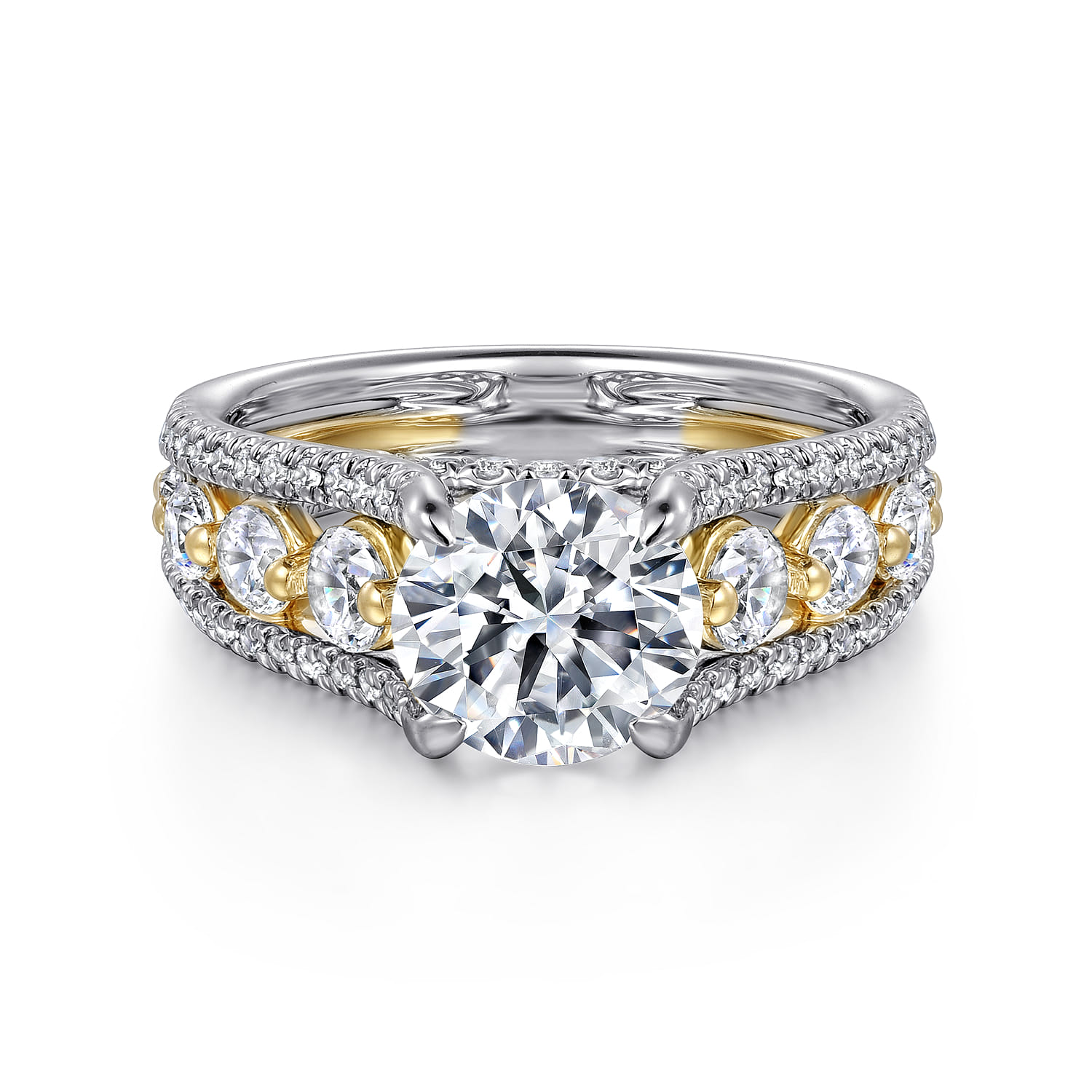 Elisse - 14K Yellow-White Gold Wide Band Round Diamond Engagement Ring - 1.05 ct - Shot 1