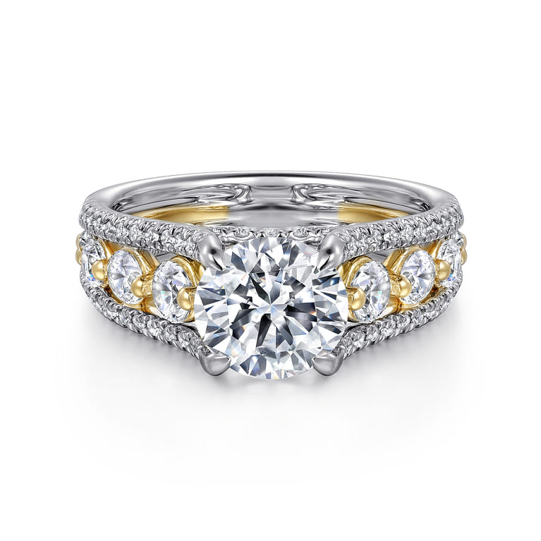 Elisse - 14K Yellow-White Gold Wide Band Round Diamond Engagement Ring - 1.05 ct - Shot 1