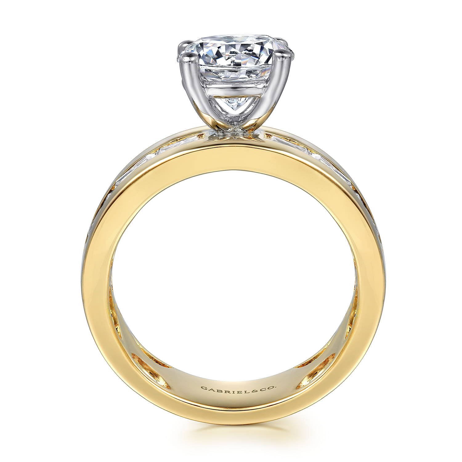 Elsaa - 14K Yellow-White Gold Channel Set Baguette Wide Band Round Diamond Engagement Ring - 0.75 ct - Shot 2