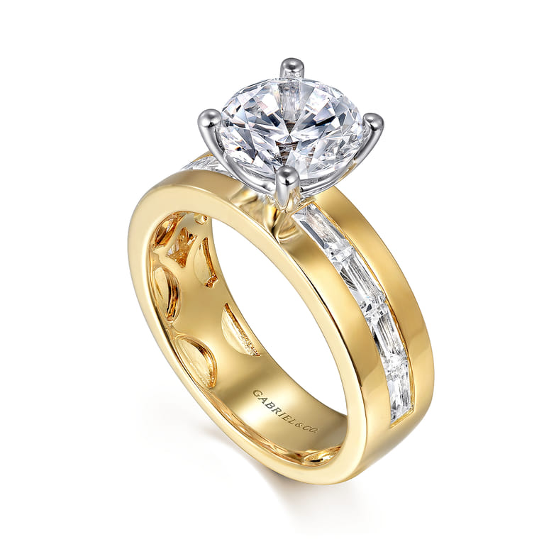 Elsaa - 14K Yellow-White Gold Channel Set Baguette Wide Band Round Diamond Engagement Ring - 0.75 ct - Shot 3