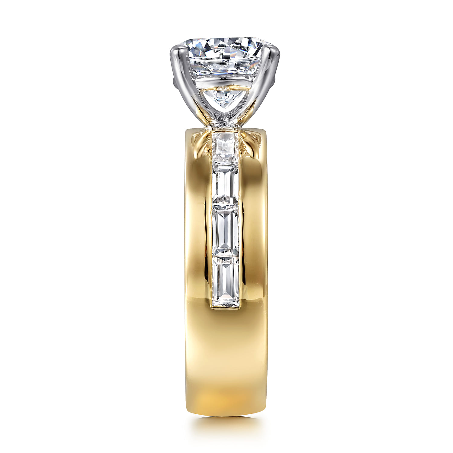 Elsaa - 14K Yellow-White Gold Channel Set Baguette Wide Band Round Diamond Engagement Ring - 0.75 ct - Shot 5